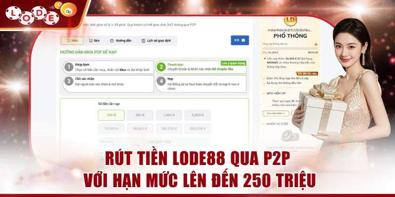 Rút tiền LODE88 qua P2P với hạn mức lên đến 250 triệu